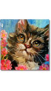“Kitty in the Garden”   <br>Acrilico sobre lienzo <br> 10 x 10 cm