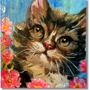 “Kitty in the Garden”   <br>Acrilico sobre lienzo <br> 10 x 10 cm