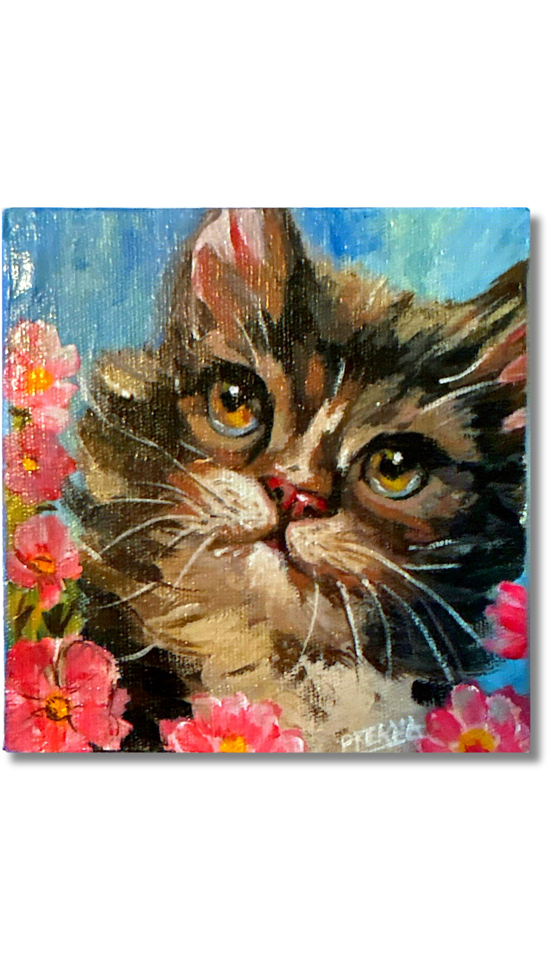 “Kitty in the Garden”   <br>Acrilico sobre lienzo <br> 10 x 10 cm