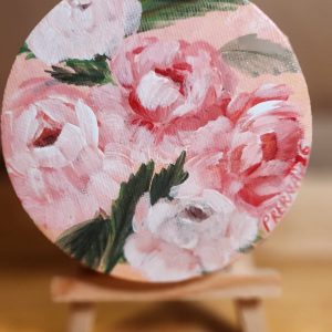 Roses bloom <br>10 cms (circle)<br>  Acrylic on canvas