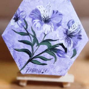Purple bloom <br>10 cms (hexagon) 5cms each side<br>  Acrylic on canvas