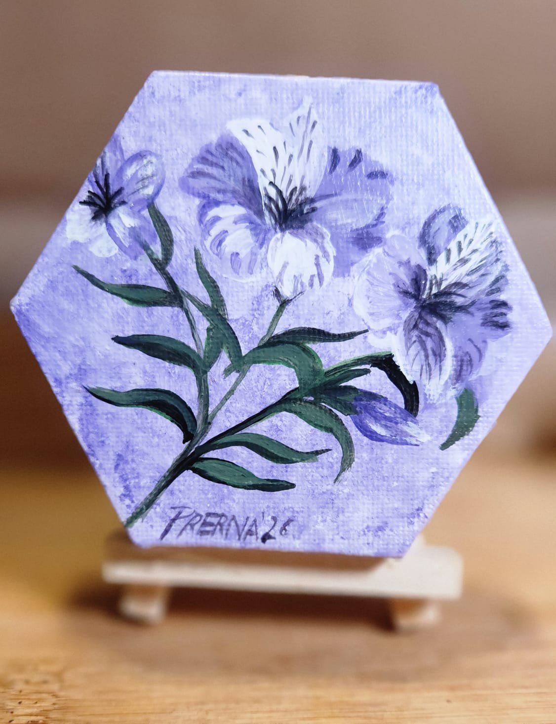 Purple bloom <br>10 cms (hexagon) 5cms each side<br>  Acrylic on canvas