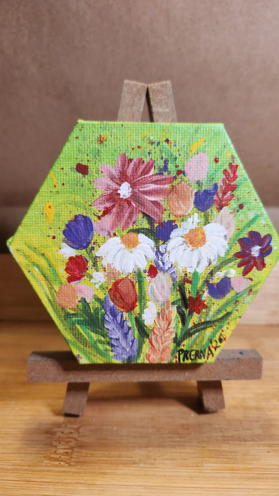 My garden <br>10 cms (hexagon) 5cms each side<br> Acrylic on canvas